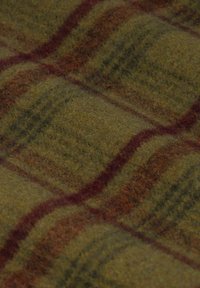 Wollen stof in gedempte groene kleur, met een ruitpatroon met rode en bruine strepen. Gestructureerd oppervlak met een zachte, pluizige uitstraling.