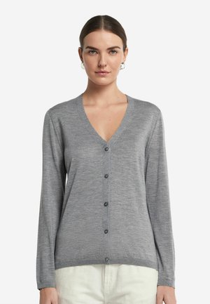 Cardigan grigio a maniche lunghe con scollatura a V, dotato di sei bottoni, tessuto leggermente strutturato e polsini e orlo a coste.