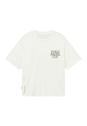 T-shirt blanc à manches courtes avec le texte "WORLD PADEL CLUB" imprimé sur la poitrine côté gauche.