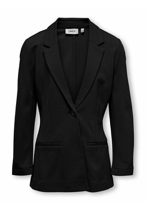 Czarna marynarka wykonana z gładkiej tkaniny, z pojedynczym zapięciem na guzik, dwoma przednimi kieszeniami oraz dopasowanym krojem i kołnierzem z klapami.