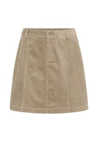 Beiger Cordröcken mit tailliertem Bund, vorderen Taschen und vertikal gerippter Textur. Mit Knopfverschluss und geradem Saum.
