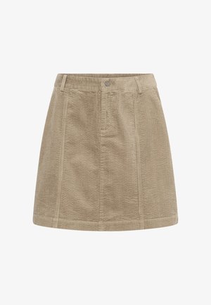 Beige corduroy skirt with a fitted waist, front pockets, and vertical ribbed texture. Features a button closure and straight hemline.