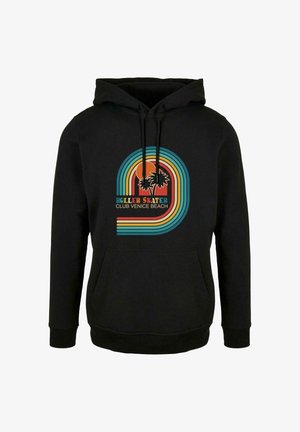 Czarna bluza z kapturem i przednią kieszenią z retro tęczowym motywem, dwoma palmami, pomarańczowym słońcem i tekstem "Roller Skater Club Venice Beach.".