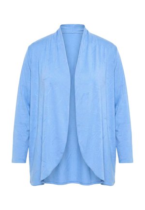 Cardigan bleu clair ouvert à l’avant, manches longues et coupe ample drapée, fabriqué en tissu texturé.