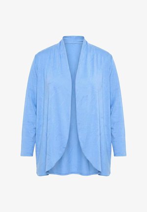 Lyseblå cardigan med åbent front, lange ærmer og en løs, draperet pasform, lavet af tekstureret stof.