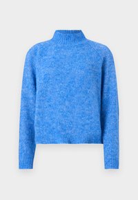 Svijetloplavi pleteni turtleneck pulover s lagano skraćenim krojem, raglan rukavima i mekim, teksturiranim završetkom. Tkanina ima melirani izgled.