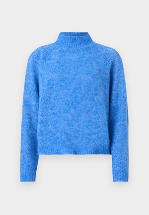 Svetlo modri pleteni pulover s turtleneck ovratnikom, rahlo skrajšano krojenjem, raglan rokavi in mehkim, teksturiranim zaključkom. Tkanina ima heathered videz.
