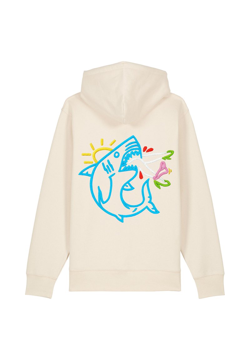Felpa di colore crema con un grande grafico ricamato di uno squalo blu accompagnato da elementi solari e floreali. Include cappuccio con cordino e polsini a coste.