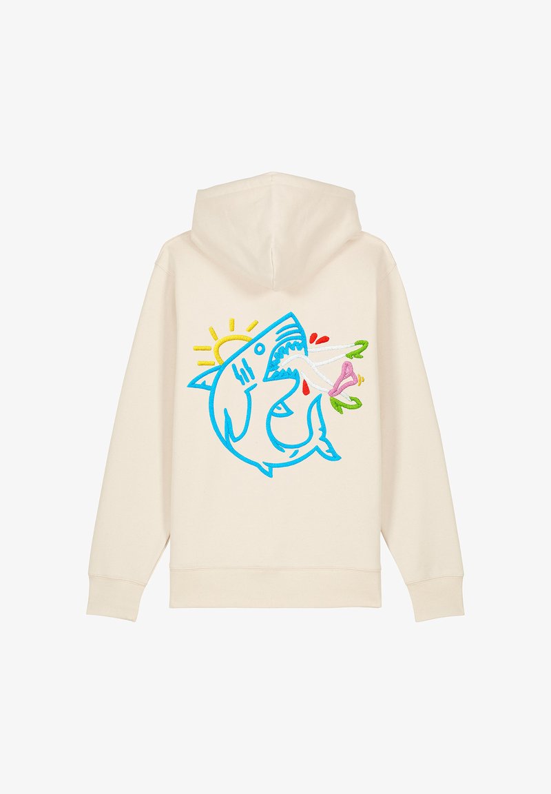 Felpa di colore crema con un grande grafico ricamato di uno squalo blu accompagnato da elementi solari e floreali. Include cappuccio con cordino e polsini a coste.