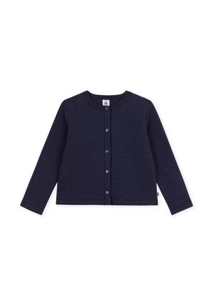 Donkerblauwe kindercardigan met lange mouwen, ronde hals, drukknopen aan de voorkant en subtiele sterrenpatroon textuur.