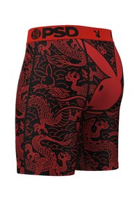 Boxeri roșii și negri cu modele intricate de dragoni, o curea roșie cu logo-ul "PSD" și o textură de țesătură netedă.