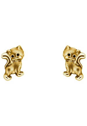 Goldene katzenförmige Ohrringe mit schwarzen Edelsteinaugen, die eine strukturierte Oberfläche und ein verspieltes, geschwungenes Schwanzdesign aufweisen.