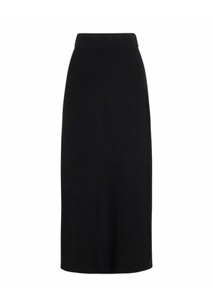 Black ribbed knit midi skirt with high waist and straight silhouette on white background.