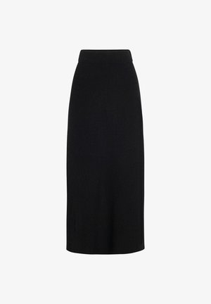 Black ribbed knit midi skirt with high waist and straight silhouette on white background.