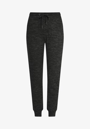 Mustad, helederd jogger-püksid elastse vöökohaga, reguleeritava nööriga ja soonikutega pahkluudel. Pehme kangas sujuva tekstuuriga.