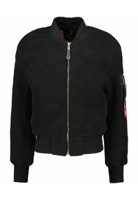 Černá bomber bunda vyrobená z texturovaného fleecu, s předním zipovým zapínáním, žebrovanými manžetami a lemem a boční kapsou se kovovým akcentem.