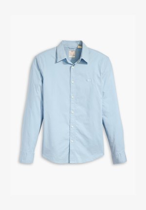 Light blue long-sleeve button-up shirt made of cotton, featuring a classic collar, white buttons, and a small logo on the left chest.