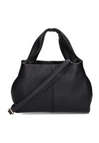 Zwarte leren handtas met een zachte, gestructureerde afwerking. Voorzien van dubbele handvatten aan de bovenkant en een verstelbare schouderriem. Naaddetails zijn zichtbaar.