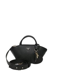 Borsa nera in ecopelle testurizzata con forma triangolare, manici superiori, tracolla rimovibile e attacco per portachiavi.