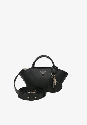 Sac à main noir en simili cuir texturé avec une forme triangulaire, des poignées supérieures, une bandoulière amovible et un attachement pour porte-clés.