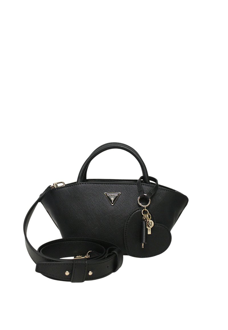 Borsa nera in ecopelle testurizzata con forma triangolare, manici superiori, tracolla rimovibile e attacco per portachiavi.
