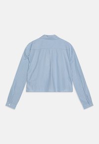 Camicia a maniche lunghe tagliata, di colore azzurro chiaro con strisce verticali bianche, dotata di spalla posteriore e polsini con bottoni. Tessuto di cotone morbido.