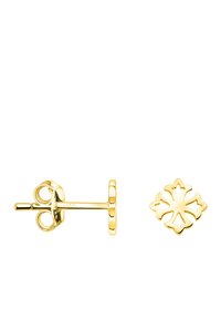 Orecchini a perno in metallo color oro con design floreale, finitura lucida e chiusura a spinta sicura. Presentano dettagli intricati sui petali.