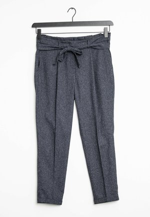 Dark grey, tailored trousers with a textured fabric, a tie belt at the waist, and tapered leg design. Features side pockets.
