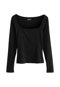 Top negro de manga larga con escote cuadrado, hecho de tela acanalada. Presenta un diseño ajustado y una textura suave. La etiqueta muestra "NEXT".