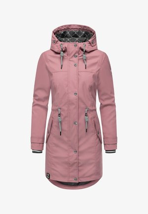 Cappotto impermeabile da donna lungo color rosa polveroso con cappuccio, bottoni frontali, cordini regolabili, tasche laterali a patta e fodera del cappuccio a pattern di ancore.
