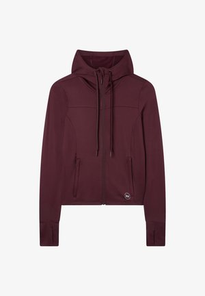 Bordowa kurtka z kapturem na zamek błyskawiczny, z kieszeniami z przodu, otworami na kciuki w rękawach oraz sznurkiem do ściągania na kapturze.