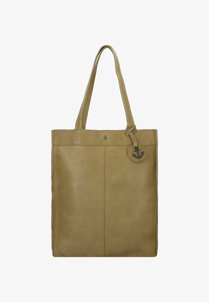 Khaki lederen tote bag met twee handvatten, gladde textuur, gekenmerkt door een voorste stiksel en een ronde ankerhanger als accentdetail.
