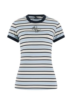 Maglietta donna a maniche corte con strisce orizzontali nere, azzurre chiare e bianche e un piccolo logo al centro sotto lo scollo.