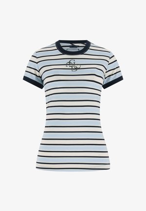 Maglietta donna a maniche corte con strisce orizzontali nere, azzurre chiare e bianche e un piccolo logo al centro sotto lo scollo.