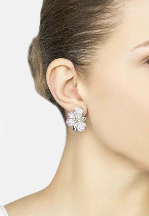 Silver flower-shaped earrings with pink and clear gemstones, featuring petal-like design and metallic accents.