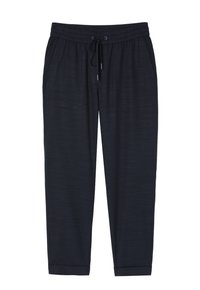 Námornícke jogger nohavice z jemného materiálu, s elastickým pásom na šnúrku, dvoma bočnými vreckami a zúženými manžetami na členkoch.