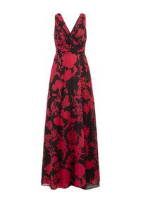Maxikleid mit V-Ausschnitt, schwarzem Stoff und großen roten Blumenmustern sowie einem figurbetonten Oberteil, das in einen lockeren Rock übergeht.