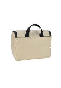 Beige kosmetikväska i rektangulär form, med svart överkant och två svarta handtag. Tillverkad av ett slätt, hållbart material.