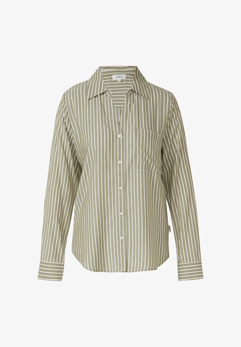 Srajca z dolgimi rokavi z navpičnimi črtami v svetlo olivno zeleni in beli barvi, z gumbi, prsno žepno in klasičnim ovratnikom.