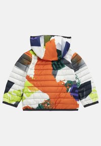 Giubbotto imbottito con un design astratto multicolore caratterizzato da accenti arancioni, verdi e blu navy. Include un cappuccio e polsini a coste.