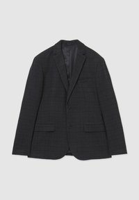 Blazer grigio scuro con motivo a quadri. Presenta due tasche frontali, una chiusura a un pulsante e una fodera interna liscia.
