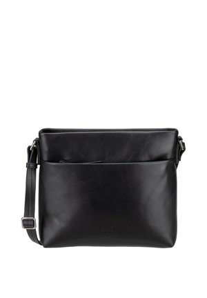 Borsa a tracolla in pelle nera con cinturino regolabile e tasca frontale, mostrata su sfondo bianco.