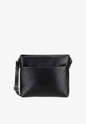 Schwarze Leder-Umhängetasche mit verstellbarem Trageriemen und einer vorderen Einschubtasche, dargestellt vor weißem Hintergrund.