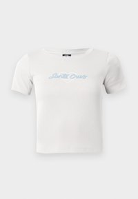 Tricou din bumbac alb, cu mâneci scurte, având un logo "Santa Cruz" scris în albastru deschis și un grafic cu inimă în centru.
