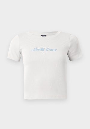 Fehér, rövid ujjú pamut póló, középen világoskék "Santa Cruz" feliratú logóval és szív grafikával.