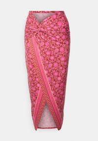 Lila blommönstrad kjol med knutdetalj vid midjan, med en kontrasterande kant och en omslagdesign, tillverkad av lättviktigt tyg.