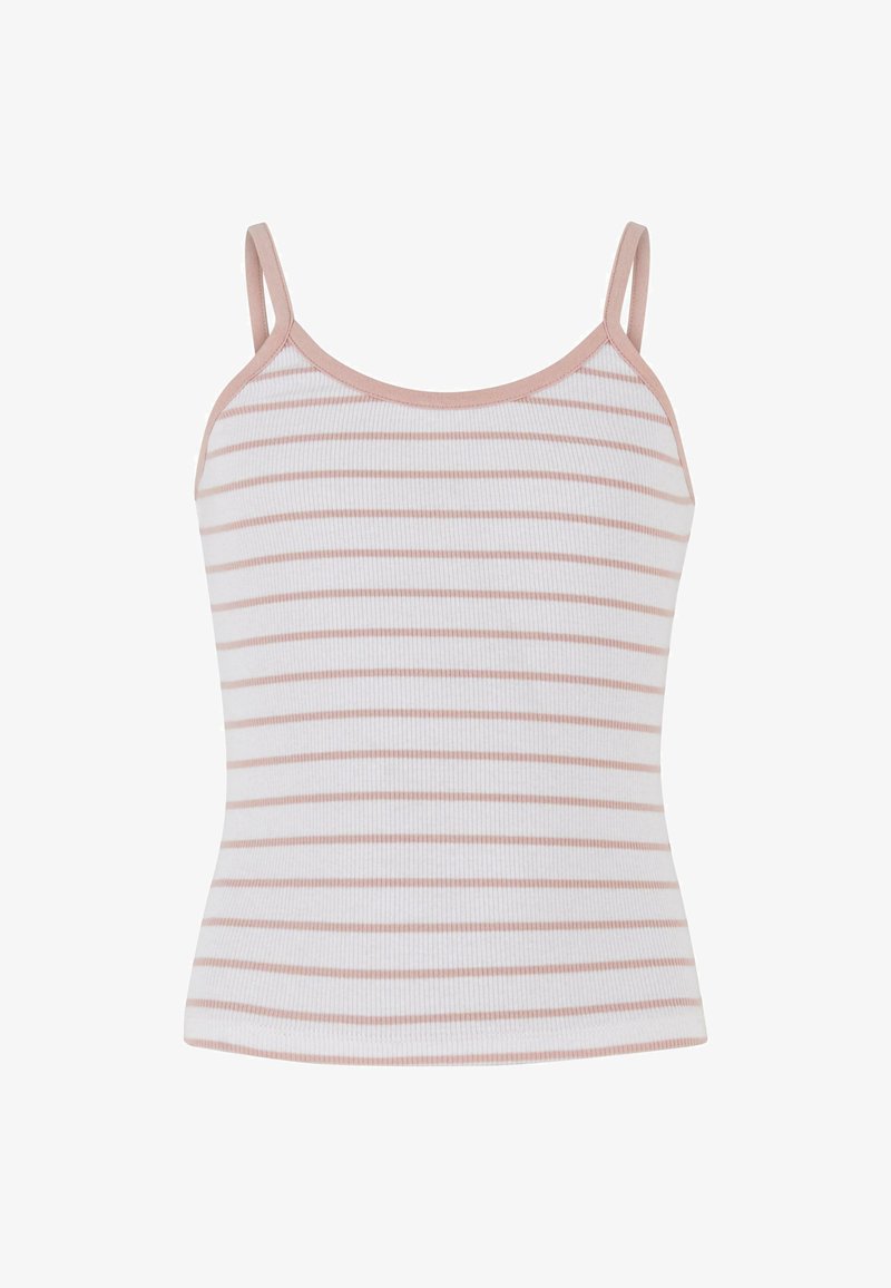 Fehér ujjatlan felső vékony rózsaszín csíkokkal, bordás anyagból készült. Finom állítható pántokkal és kerek nyakkivágással rendelkezik.