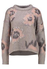 Maglione lavorato a maglia grigio chiaro con vestibilità oversize, caratterizzato da motivi circolari rosa e neri, scollatura rotonda a costine e dettagli testurizzati.