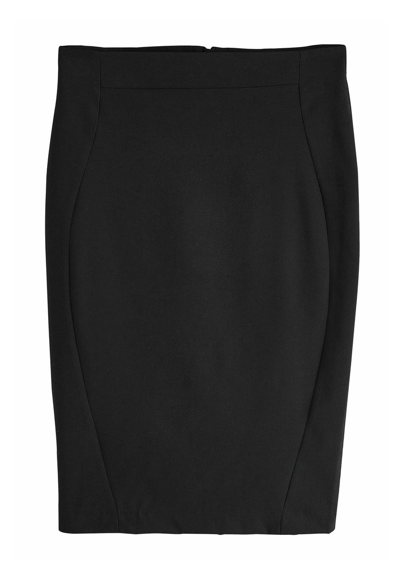Jupe crayon noire avec une texture lisse, taille haute et coutures qui épousent les hanches pour une silhouette ajustée.