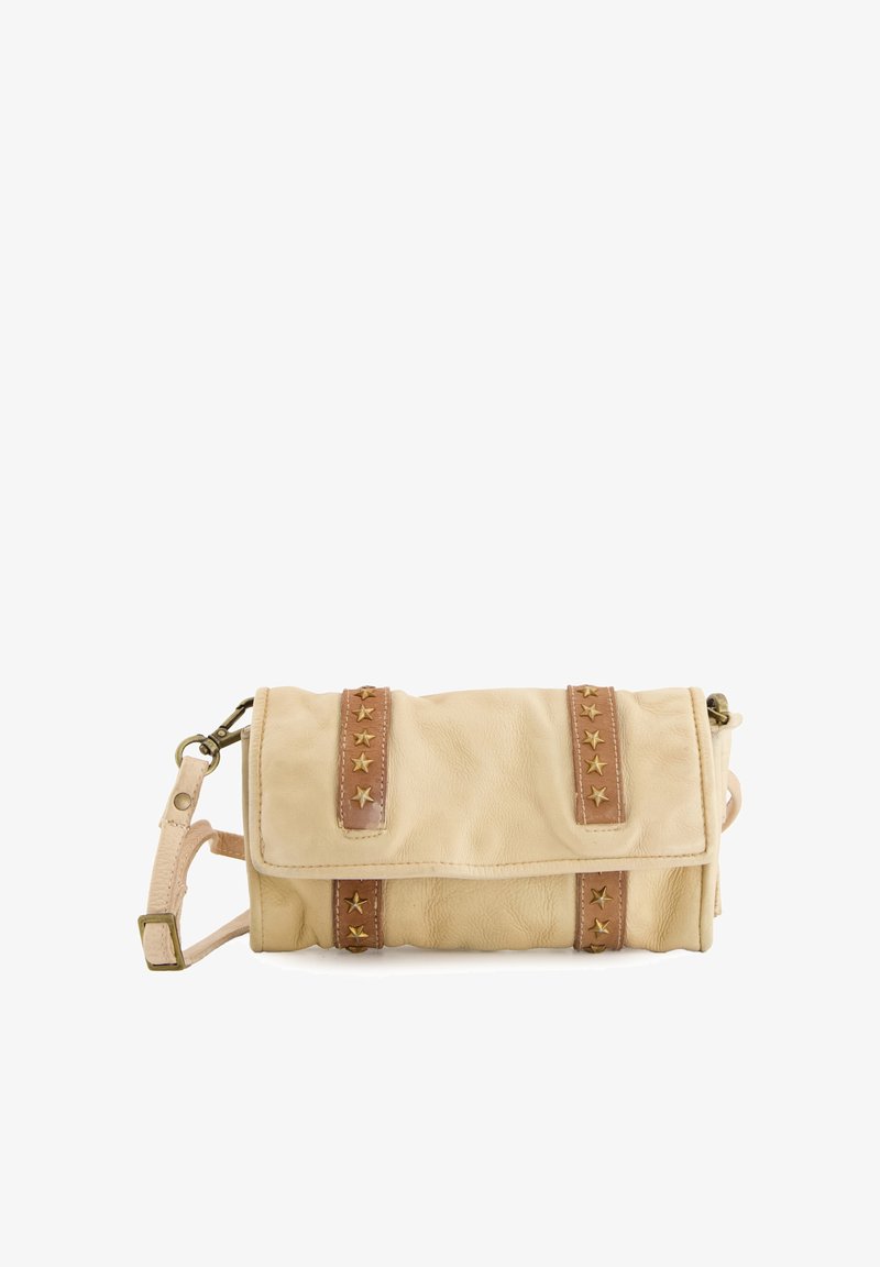 Cream leather clutch with brown straps and gold star embellishments. Features a fold-over flap and a removable shoulder strap.